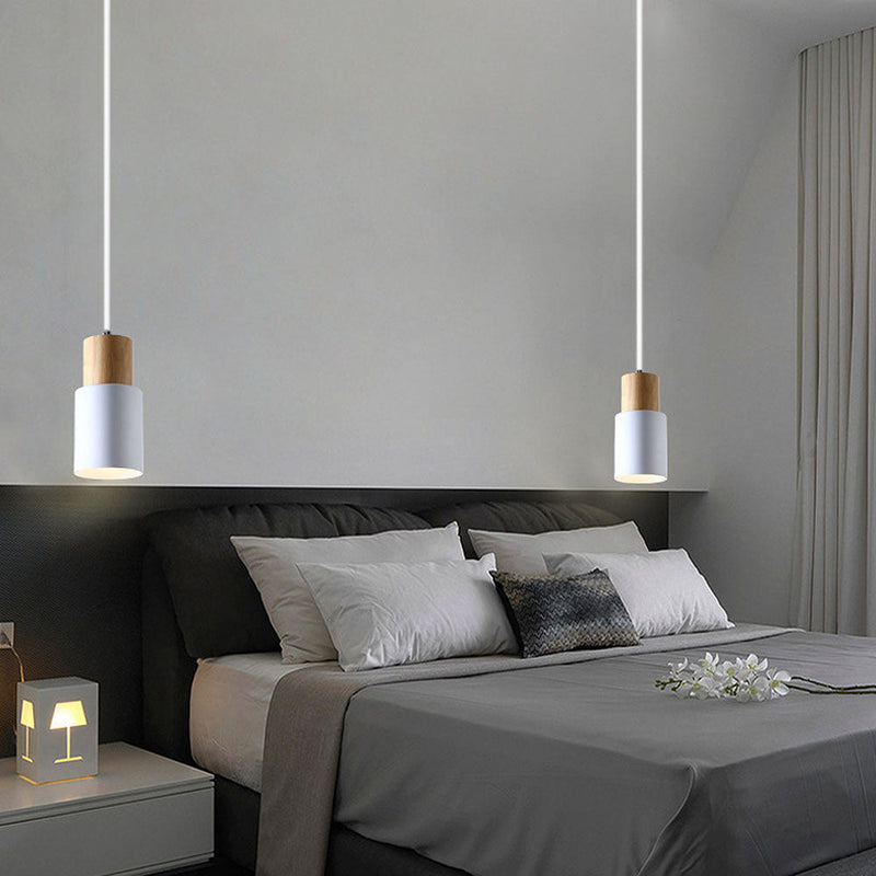 Black Wood Cylinder Pendant Light Modern Single