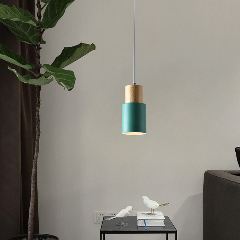 Black Wood Cylinder Pendant Light Modern Single