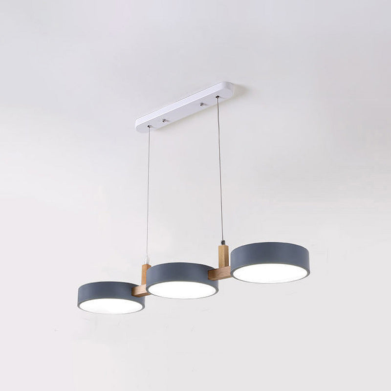 3-Light Modern Linear Pendant Fixture | Matte Gray Shades & Wood Accents