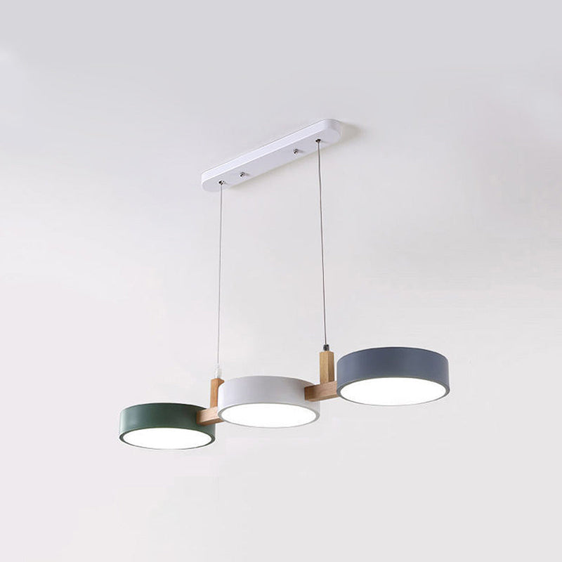 3-Light Modern Linear Pendant Fixture | Matte Gray Shades & Wood Accents