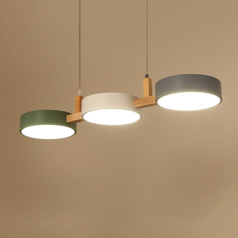 3-Light Modern Linear Pendant Fixture | Matte Gray Shades & Wood Accents