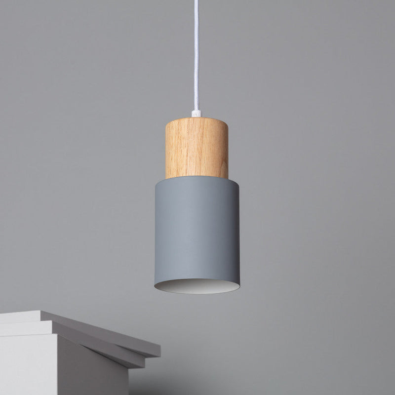 Black Wood Cylinder Pendant Light Modern Single