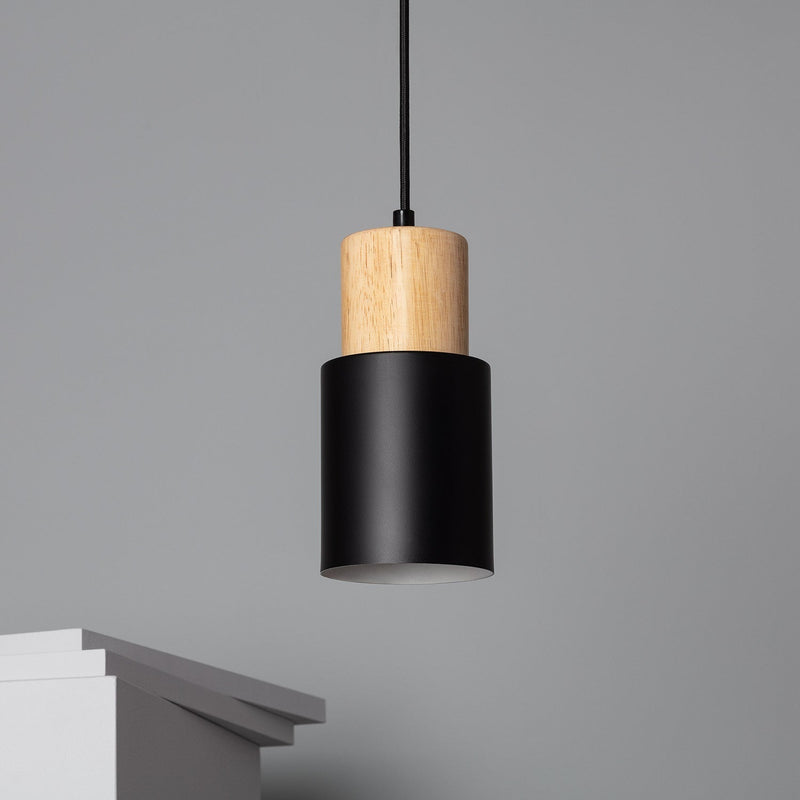 Black Wood Cylinder Pendant Light Modern Single
