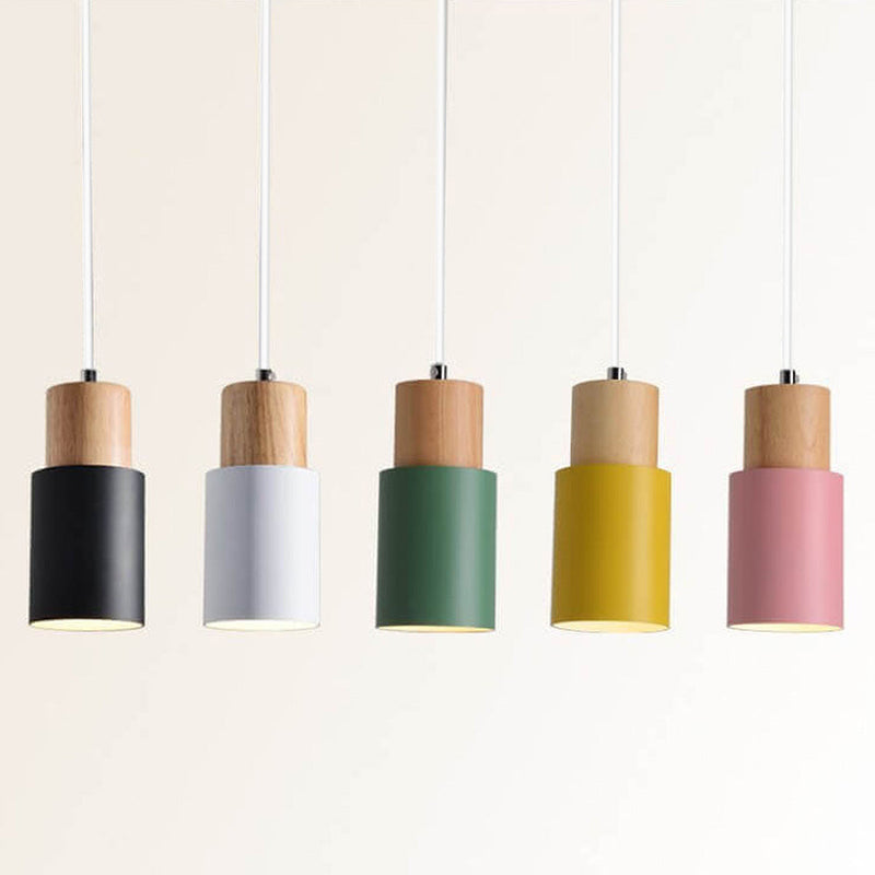 Black Wood Cylinder Pendant Light Modern Single