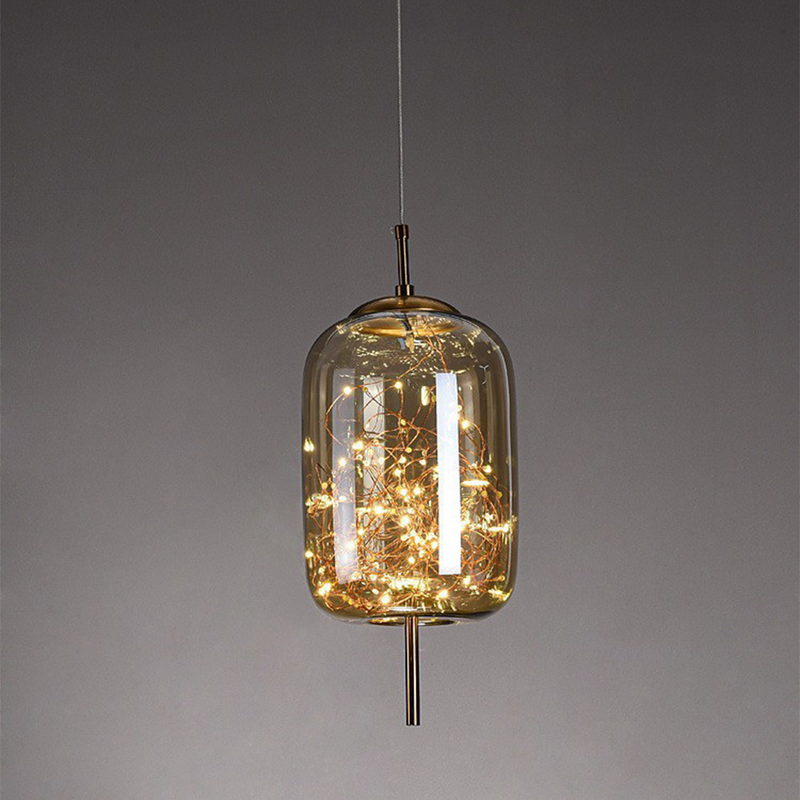 Amber Glass Pendant Light with LED Fairy Lights | Modern Capsule Design