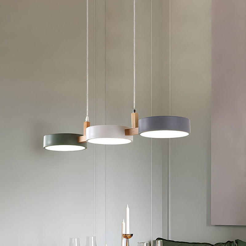 3-Light Modern Linear Pendant Fixture | Matte Gray Shades & Wood Accents