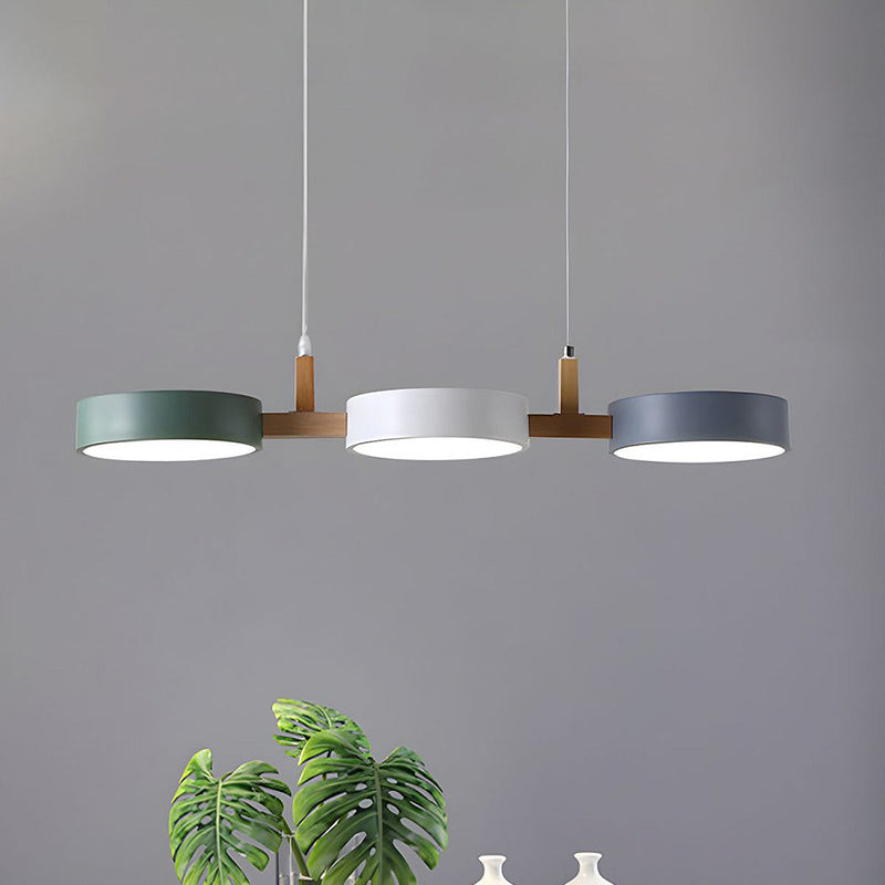 3-Light Modern Linear Pendant Fixture | Matte Gray Shades & Wood Accents