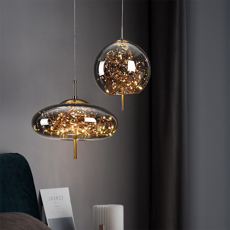 Amber Glass Pendant Light with LED Fairy Lights | Modern Capsule Design