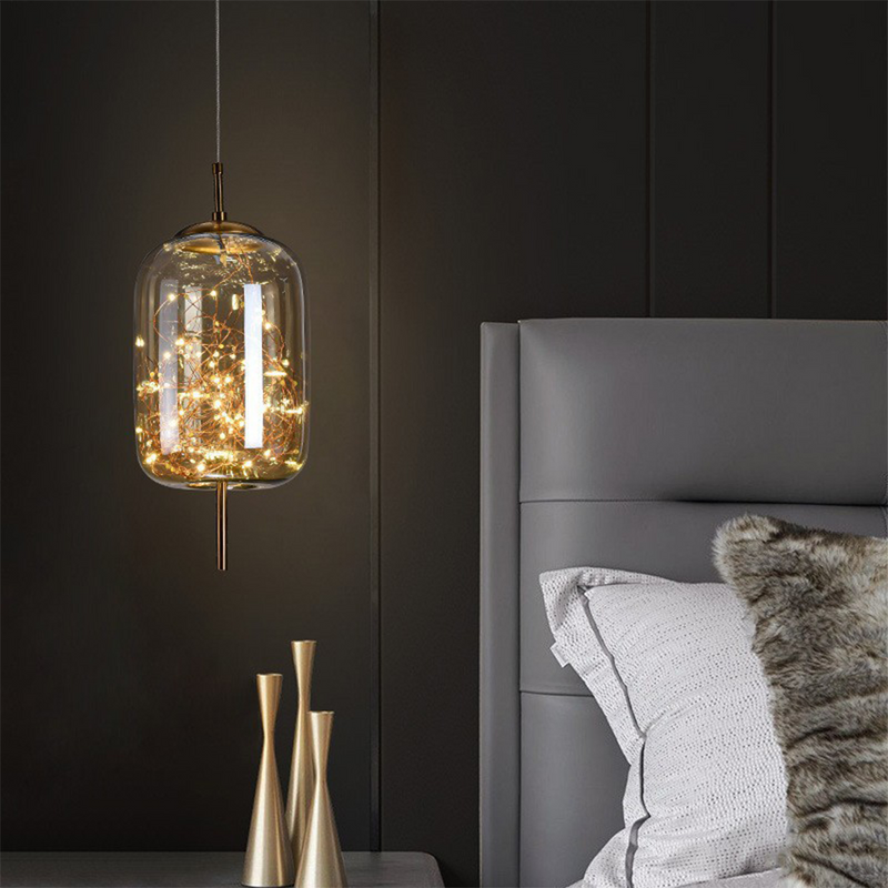 Amber Glass Pendant Light with LED Fairy Lights | Modern Capsule Design