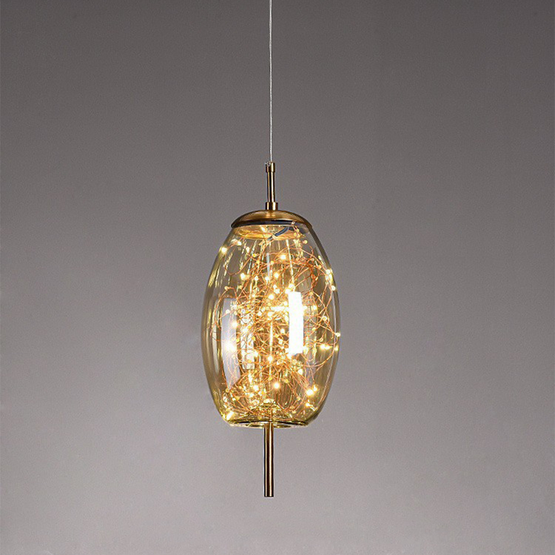Amber Glass Pendant Light with LED Fairy Lights | Modern Capsule Design