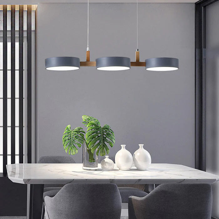 3-Light Modern Linear Pendant Fixture | Matte Gray Shades & Wood Accents