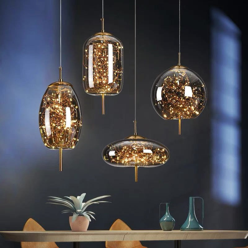 Amber Glass Pendant Light with LED Fairy Lights | Modern Capsule Design