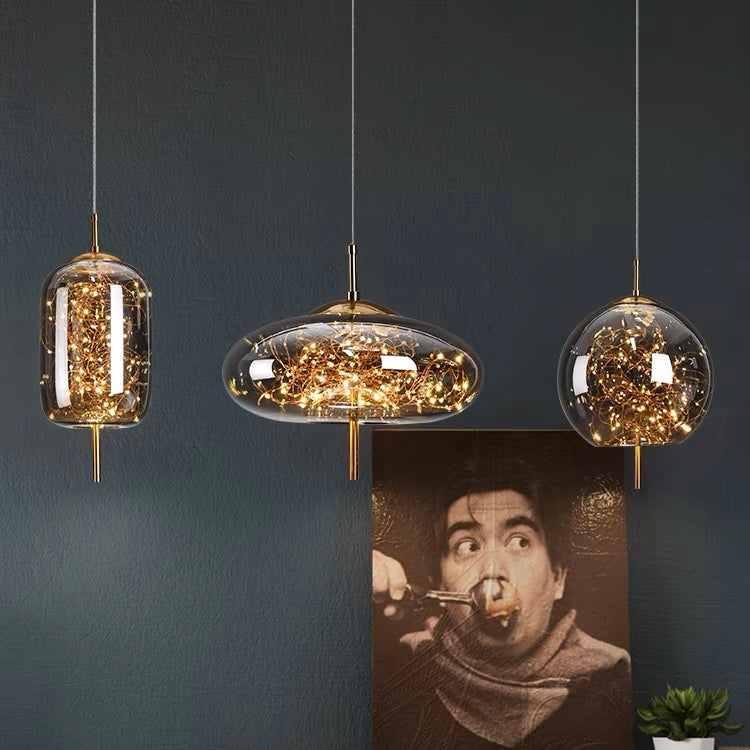 Amber Glass Pendant Light with LED Fairy Lights | Modern Capsule Design
