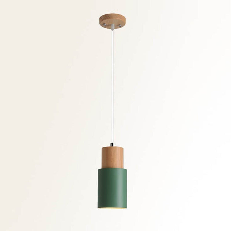 Black Wood Cylinder Pendant Light Modern Single