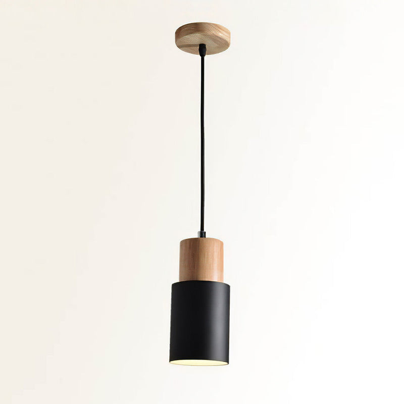 Black Wood Cylinder Pendant Light Modern Single