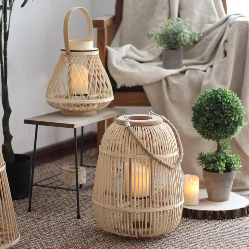 Boho Rattan Lanterns for Home Decor | Handmade Bamboo Candle Holders