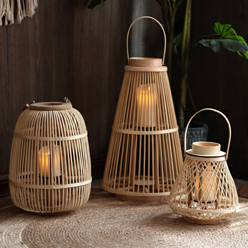 Boho Rattan Lanterns for Home Decor | Handmade Bamboo Candle Holders