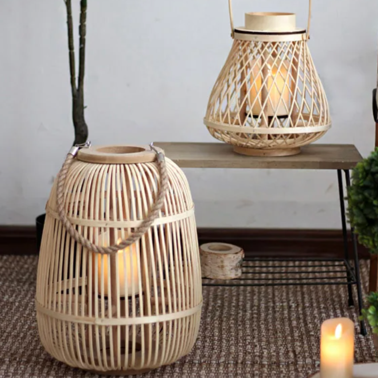 Boho Rattan Lanterns for Home Decor | Handmade Bamboo Candle Holders