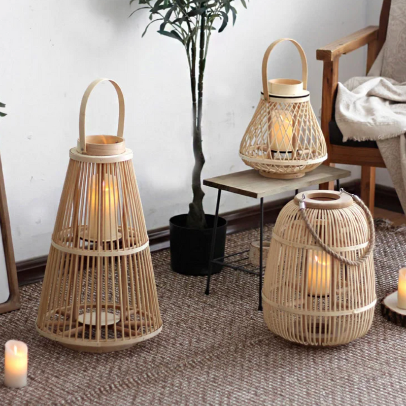 Boho Rattan Lanterns for Home Decor | Handmade Bamboo Candle Holders