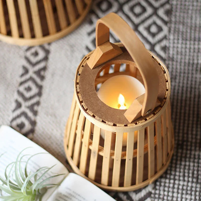 Bamboo Rattan LED Candle Lantern | Flameless Candle Holder for Indoor & Outdoor Home Décor