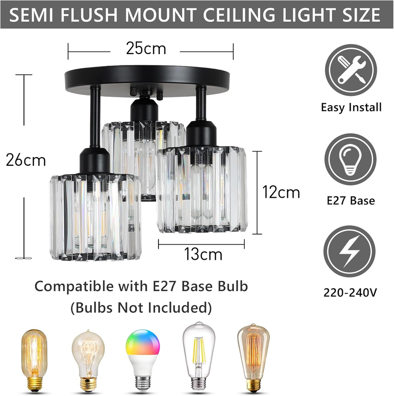 3-Light Crystal Semi-Flush Mount Ceiling Fixture | Modern Ceiling Light